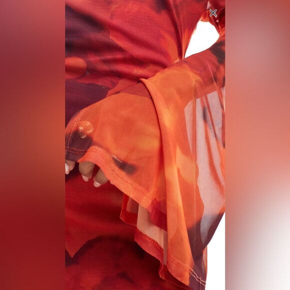 NWT ASOS design cowl mesh front maxi dress with flare sleeve in red floral - Picture 2 of 6